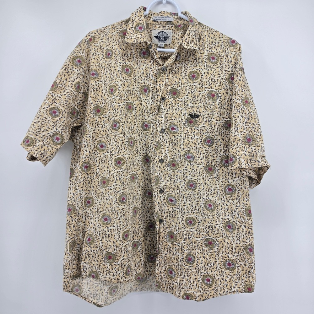 90s Dockers Levis Shirt Mens L Woodblock Floral Short Sleeve Cotton Vintage